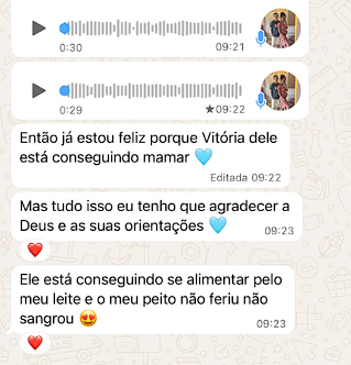 Captura de conversa com mensagens de áudio e relato sobre a experiência com a amamentação do bebê.