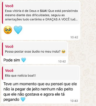 Captura de conversa com mensagens sobre persistir nas orientações e a evolução da amamentação.