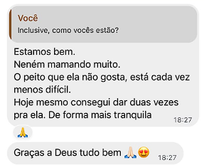 Captura de conversa com relato sobre mamadas mais tranquilas.